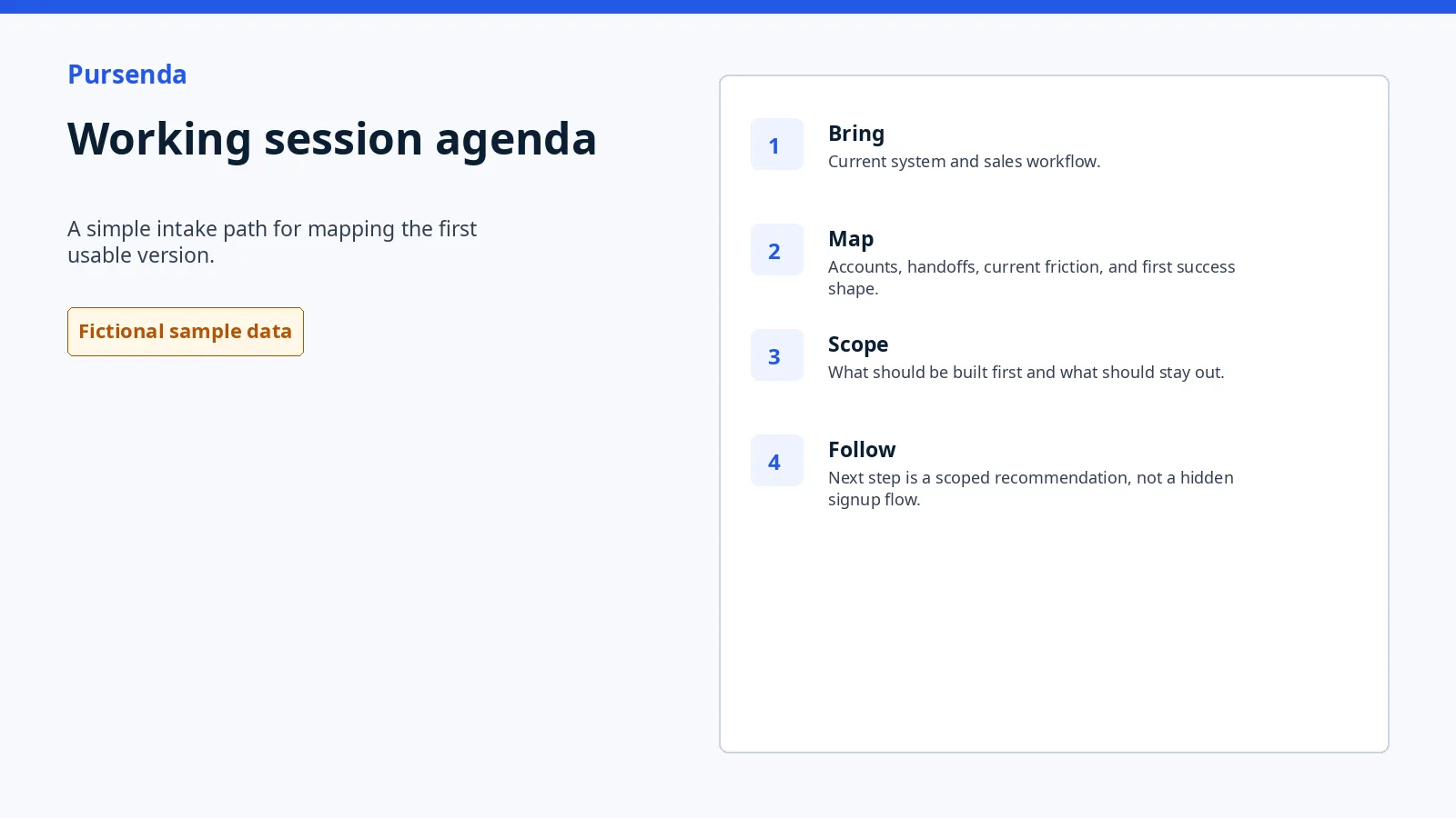 Working session agenda using approved fictional Pursenda sample data.